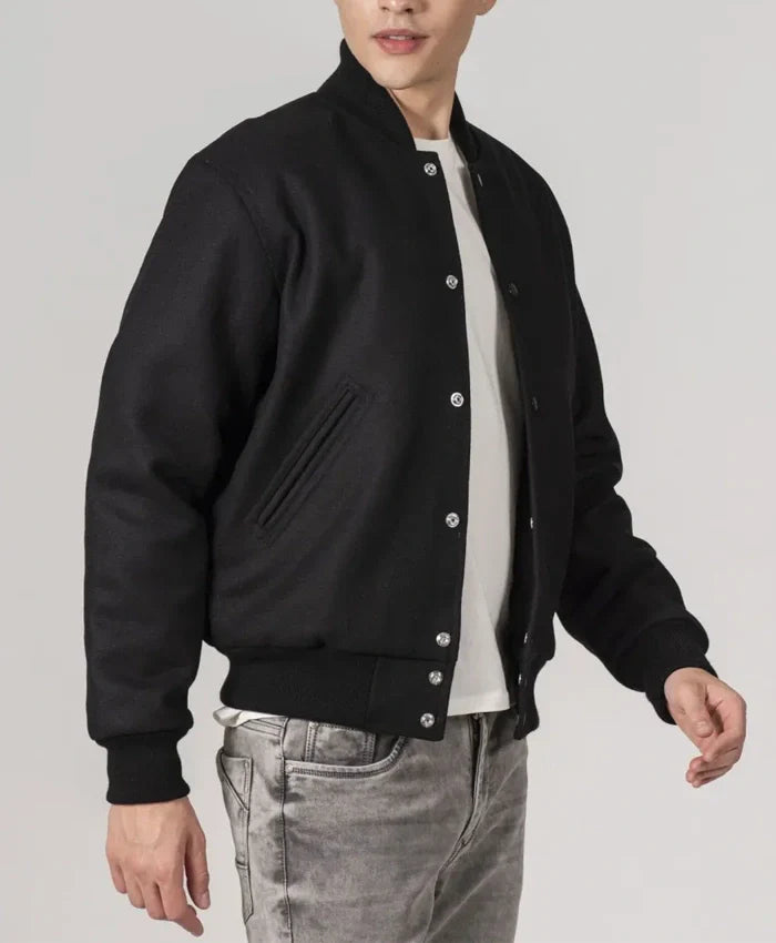 Simple Black Wool Baseball Varsity Jacket - Recreated Inspired Edition