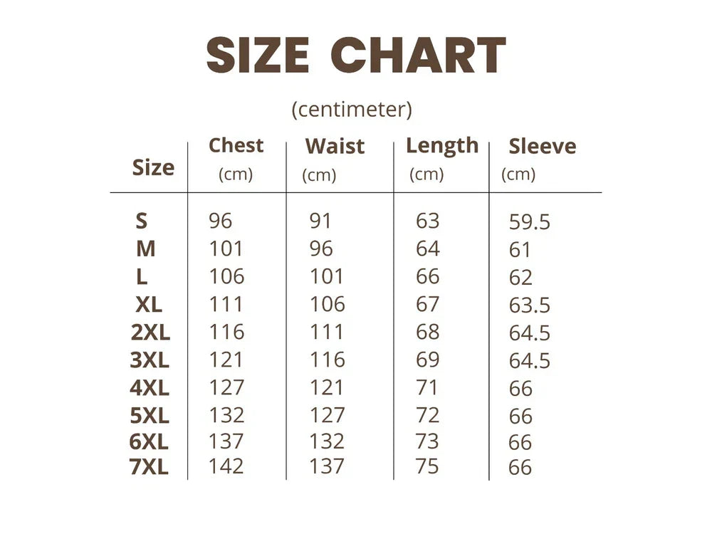 Size chart for clothing measurements in centimeters