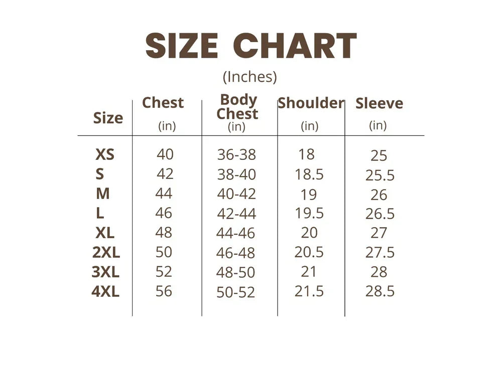 Size chart for clothing measurements in inches on a white background
