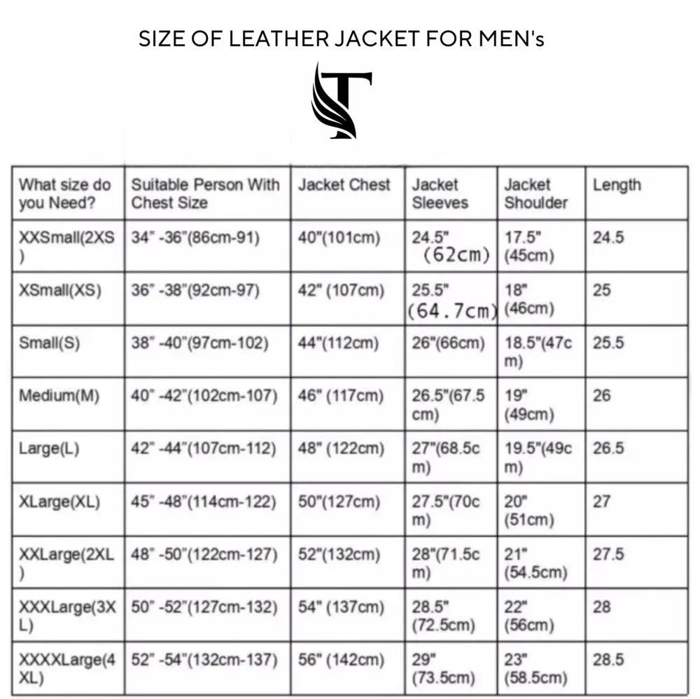 Size chart for men's leather jackets with measurements in centimeters.