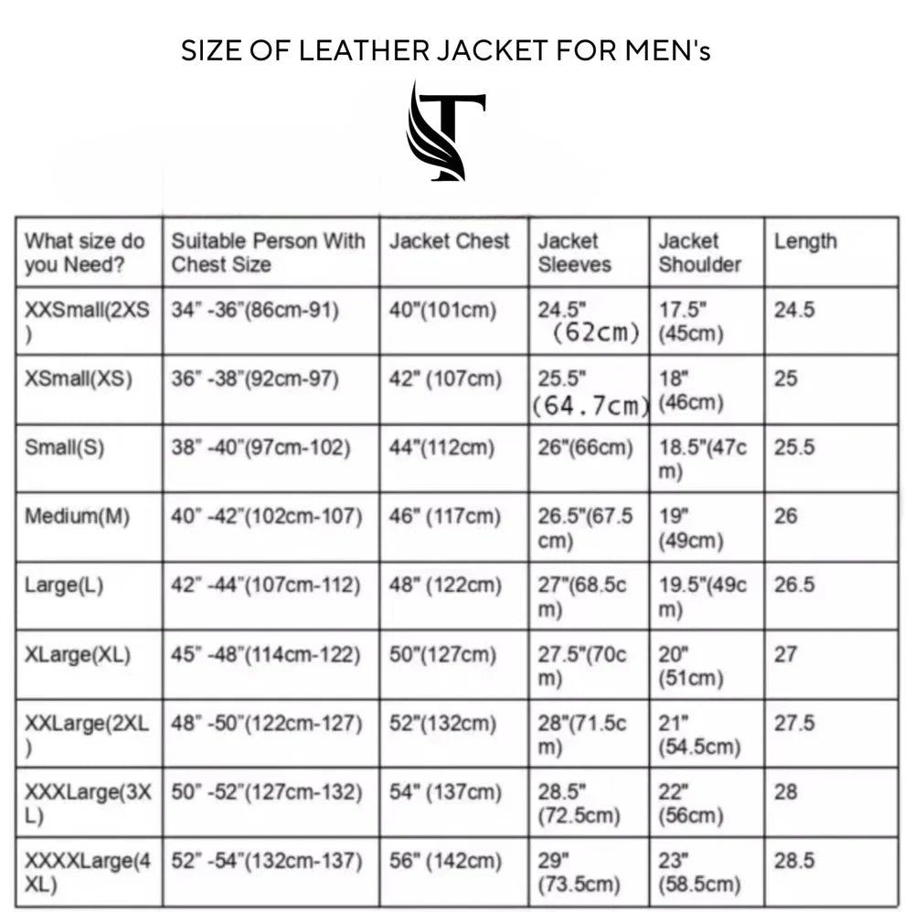 Size chart for men's leather jackets with measurements in centimeters.