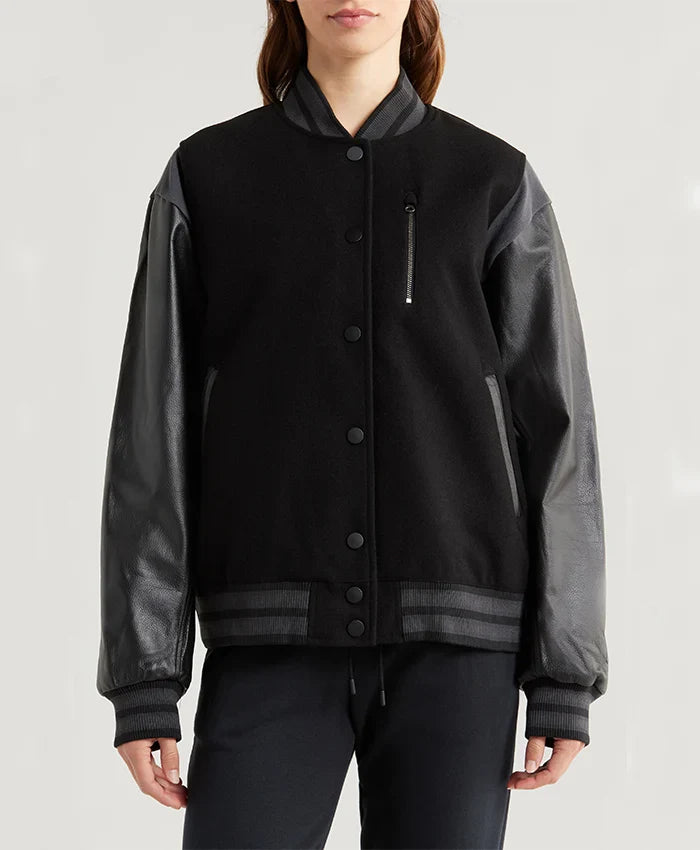 Sportswear Womens Black Leather Sleeves Bomber Jacket