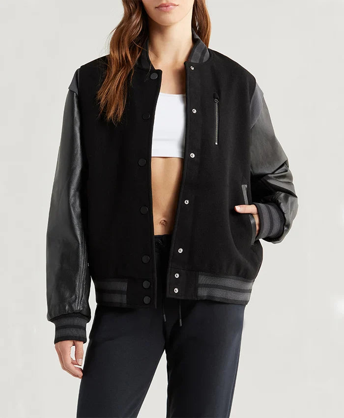 Sportswear Womens Black Leather Sleeves Bomber Jacket