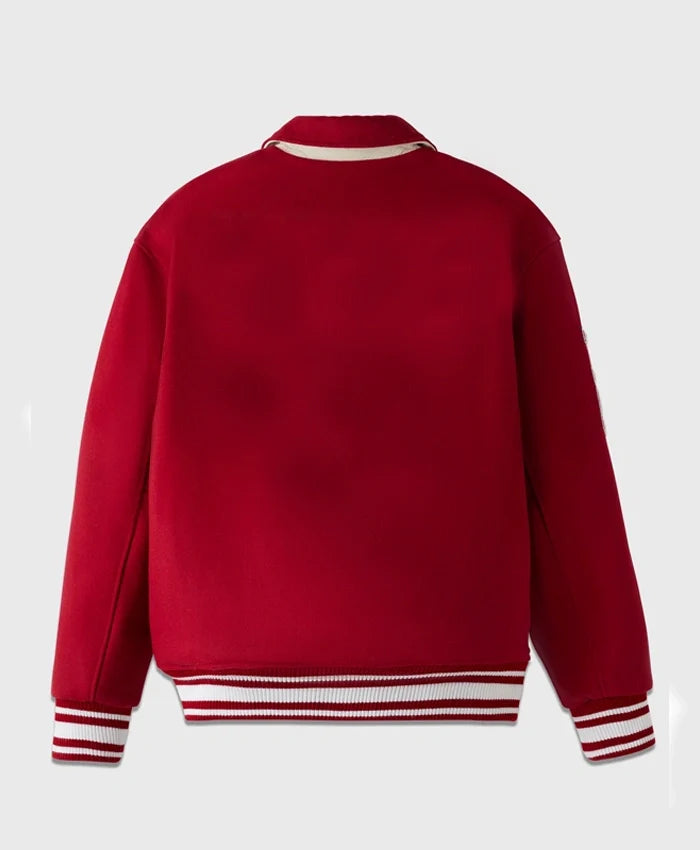 Stand Ford Red Trendy Drop Down Collar Varsity Jacket - Recreated Inspired Edition