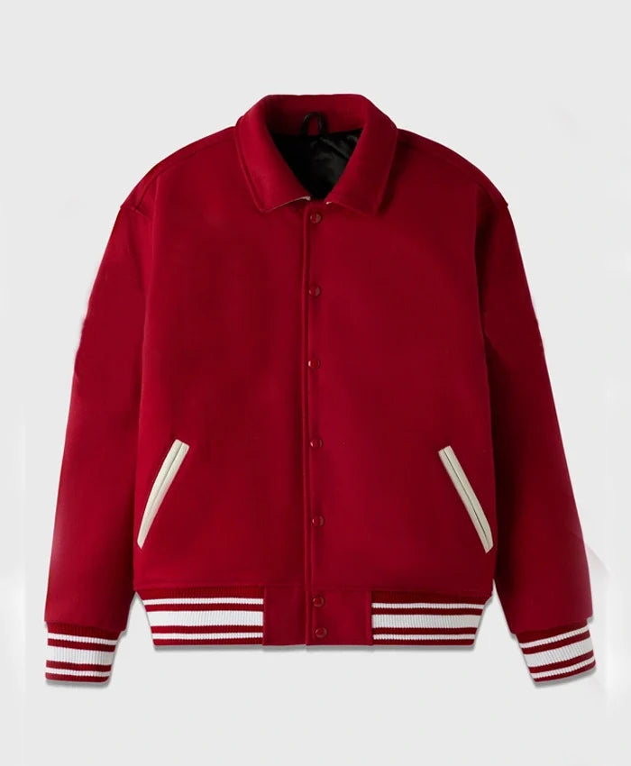 Stand Ford Red Trendy Drop Down Collar Varsity Jacket - Recreated Inspired Edition