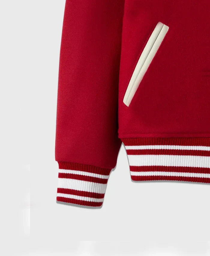 Stand Ford Red Trendy Drop Down Collar Varsity Jacket - Recreated Inspired Edition