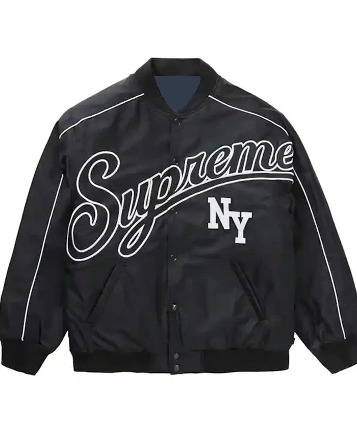 Supreme Contrast Script Black Varsity Jacket - Recreated Inspired Edition
