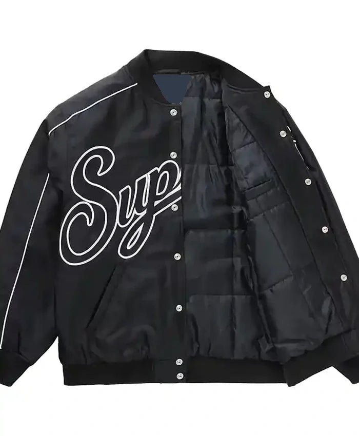 Supreme Contrast Script Black Varsity Jacket - Recreated Inspired Edition