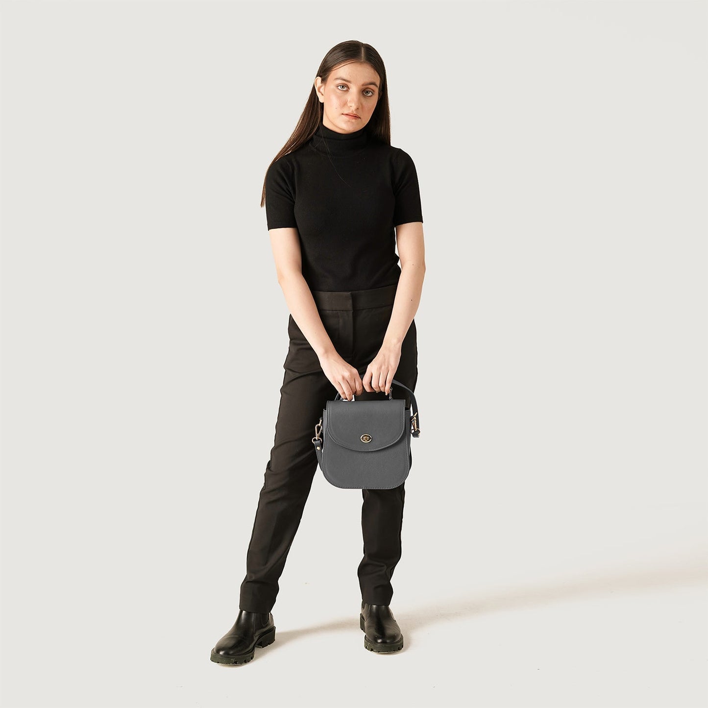 The Sandra Grey Leather Saddle Bag