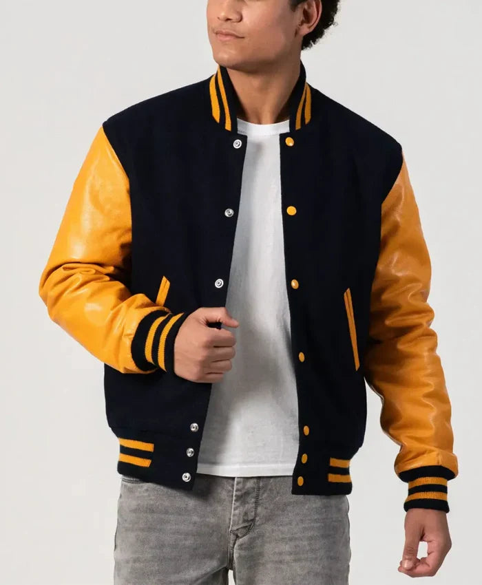 Unisex Black And Yellow Leather Varsity Jacket - Recreated Inspired Edition