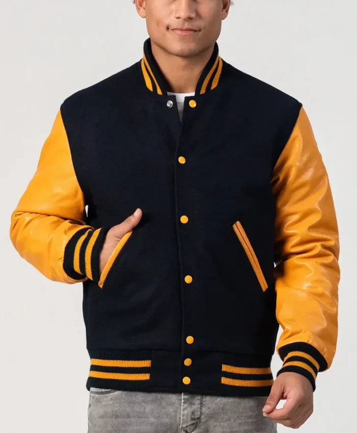 Unisex Black And Yellow Leather Varsity Jacket - Recreated Inspired Edition