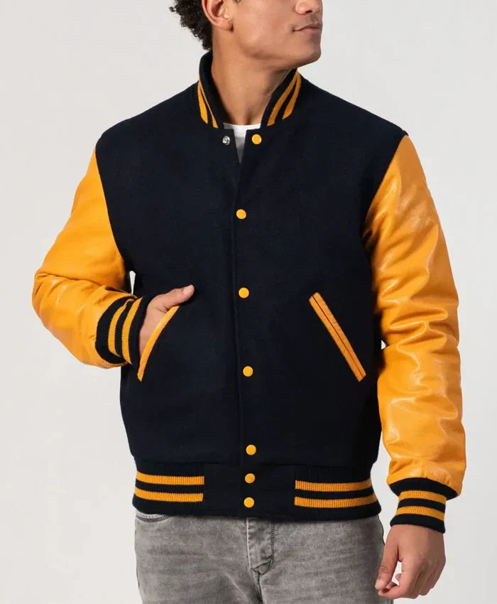 Unisex Black And Yellow Leather Varsity Jacket - Recreated Inspired Edition