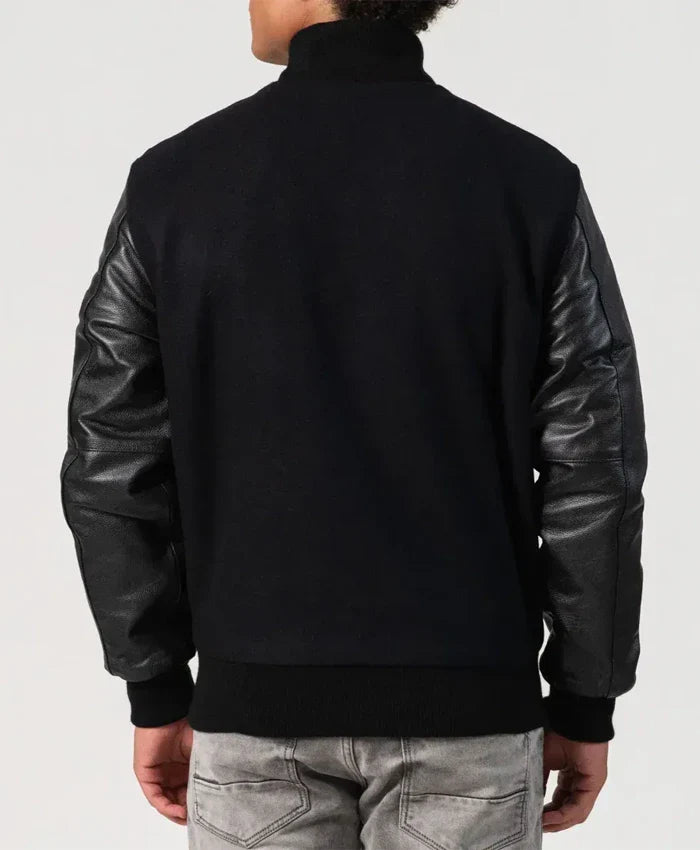Unisex Black Varsity Jacket - Recreated Inspired Edition With Leather Sleeves