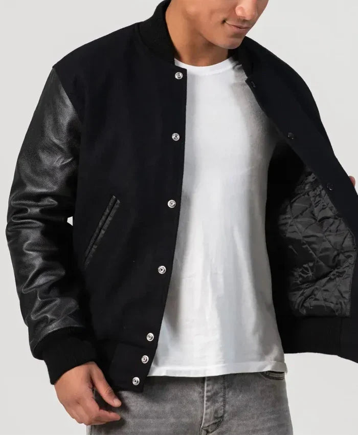 Unisex Black Varsity Jacket - Recreated Inspired Edition With Leather Sleeves