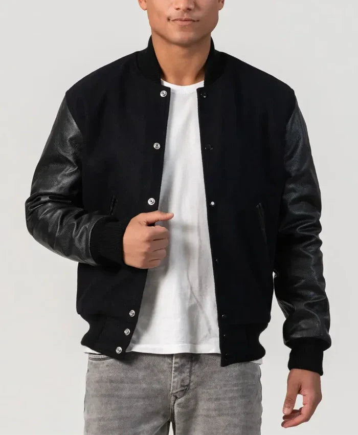 Unisex Black Varsity Jacket - Recreated Inspired Edition With Leather Sleeves