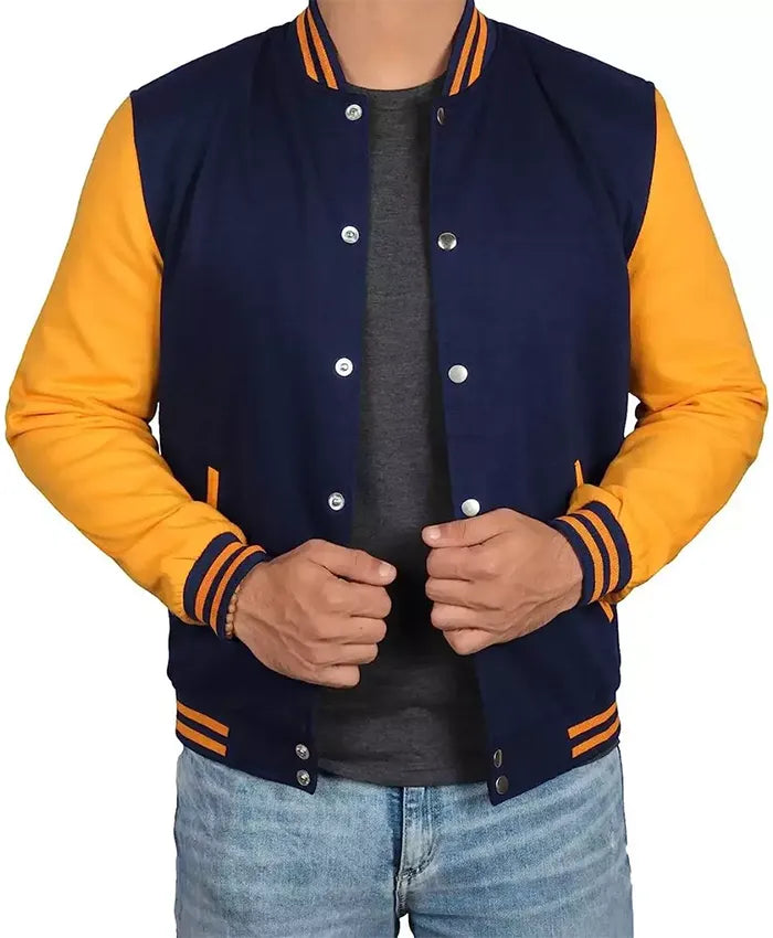 Unisex Blue And Yellow Varsity Bomber Jacket