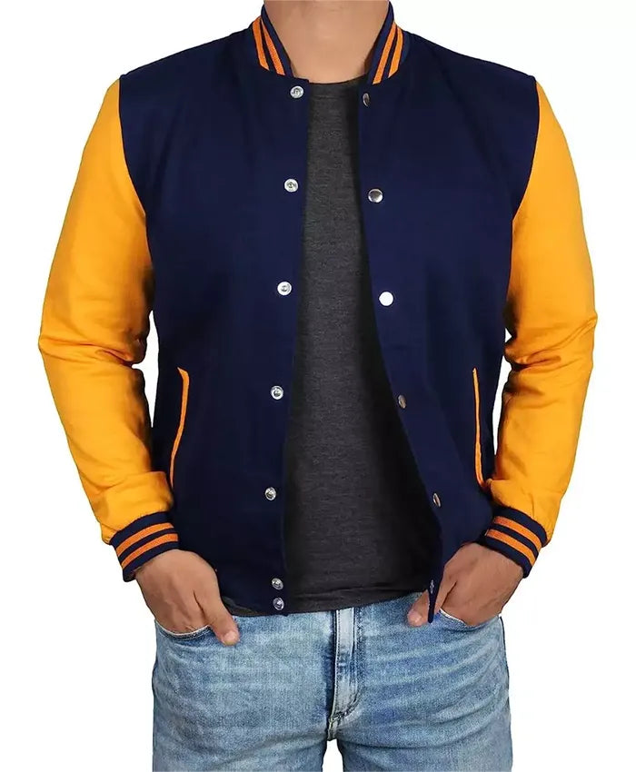 Unisex Blue And Yellow Varsity Bomber Jacket