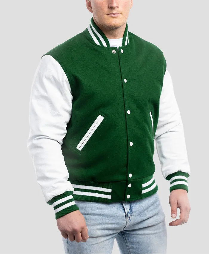 Unisex Green And White Lettermen Jacket