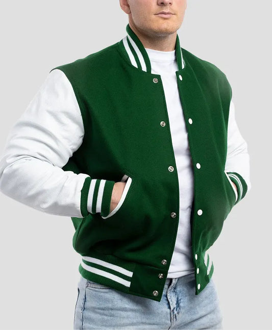 Unisex Green And White Lettermen Jacket