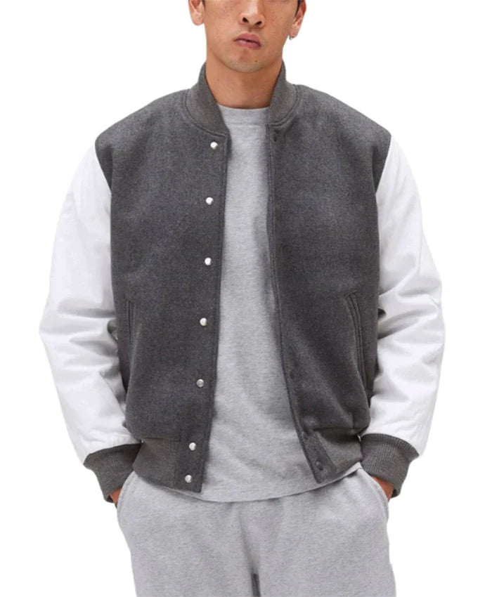 Unisex Light Grey Varsity Bomber Jacket