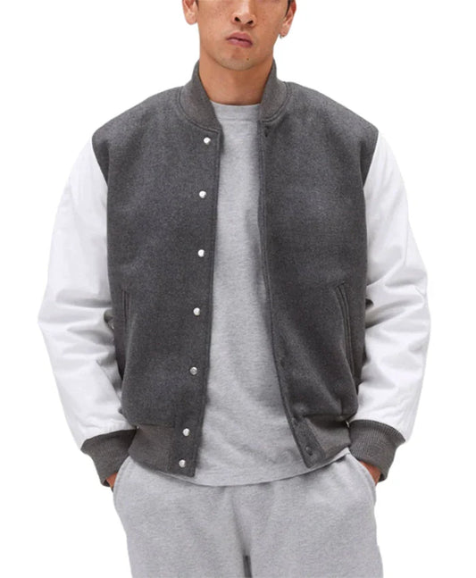 Unisex Light Grey Varsity Bomber Jacket