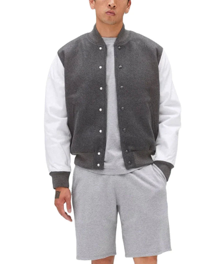 Unisex Light Grey Varsity Bomber Jacket