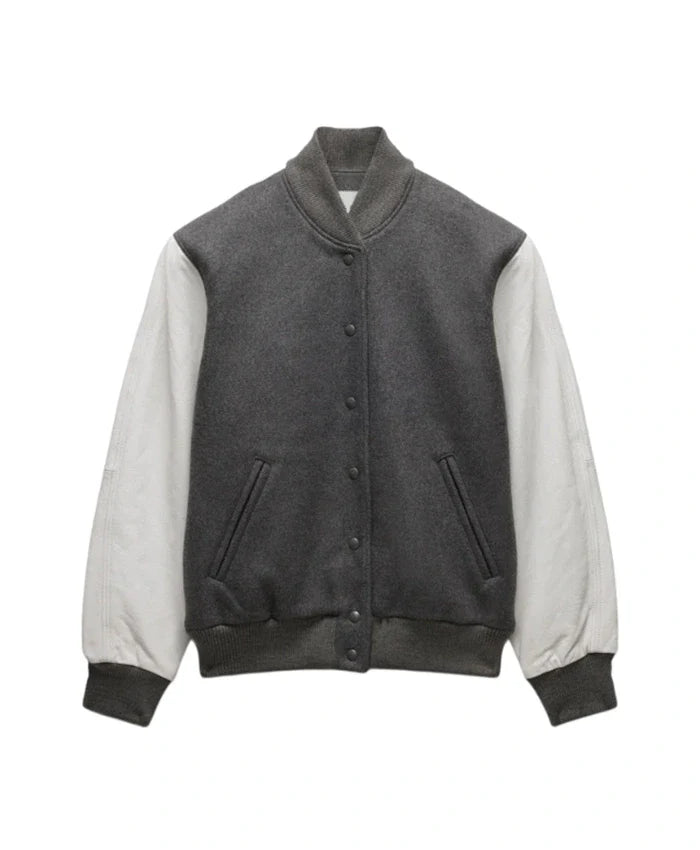 Unisex Light Grey Varsity Bomber Jacket
