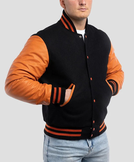 Unisex Orange And Black Varsity Bomber Jacket