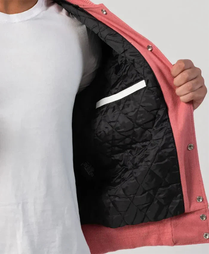 Unisex Pink Wool White Leather Sleeves Varsity Jacket - Recreated Inspired Edition