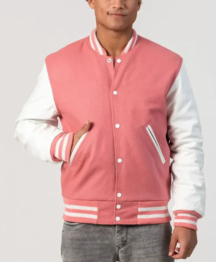 Unisex Pink Wool White Leather Sleeves Varsity Jacket - Recreated Inspired Edition