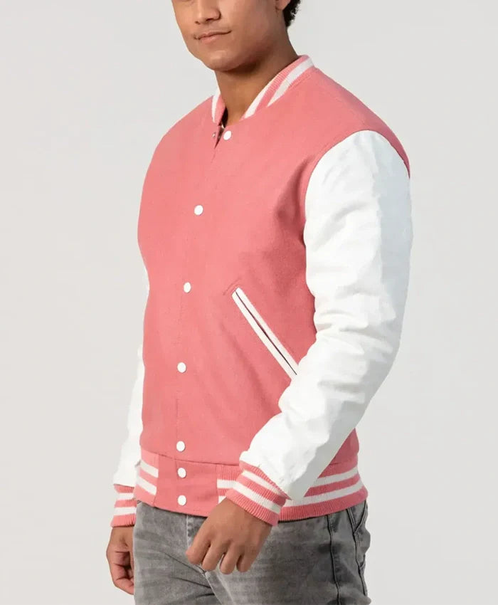 Unisex Pink Wool White Leather Sleeves Varsity Jacket - Recreated Inspired Edition