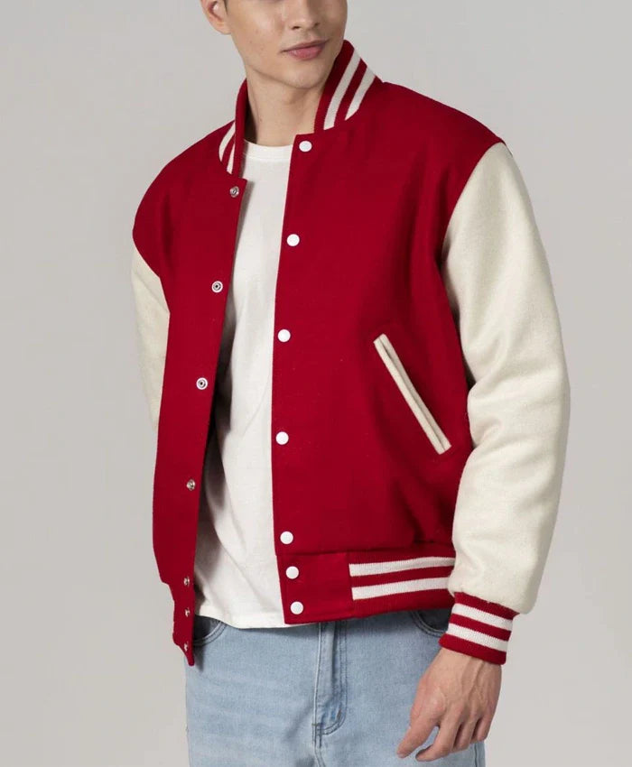 Unisex Red And White Varsity Lettermen Jacket