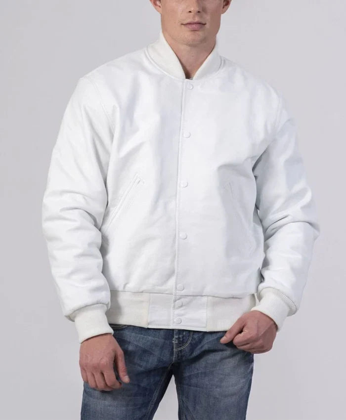 Unisex White Varsity Lettermen Bomber Jacket