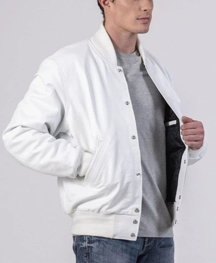 Unisex White Varsity Lettermen Bomber Jacket