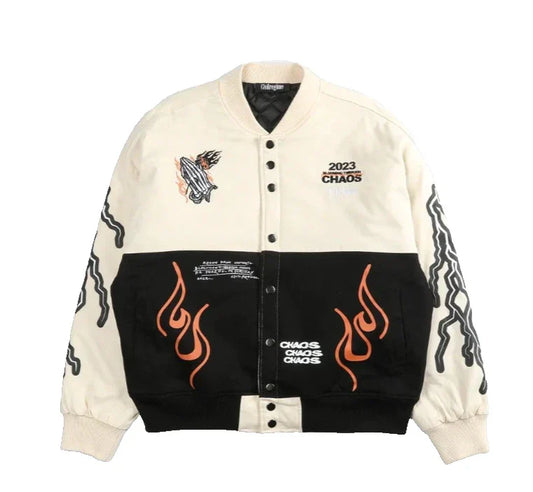 Varsity jacket with flame designs and '2023 CHAOS' text on a white background