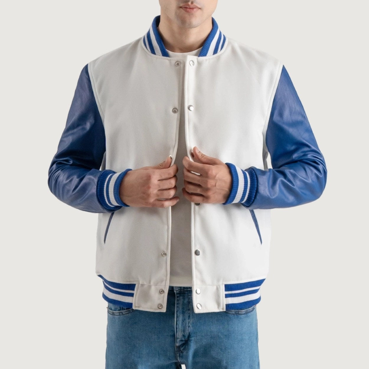 White and Blue Varsity Letterman Jacket - Recreated Inspired Edition