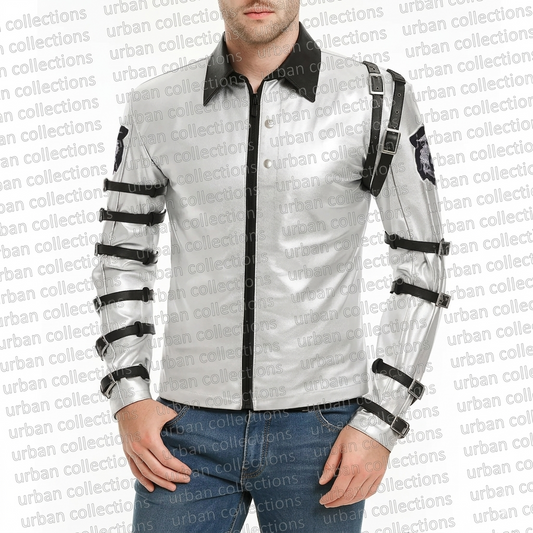 White jacket with black accents and straps on a white background with 'urban collections' text.