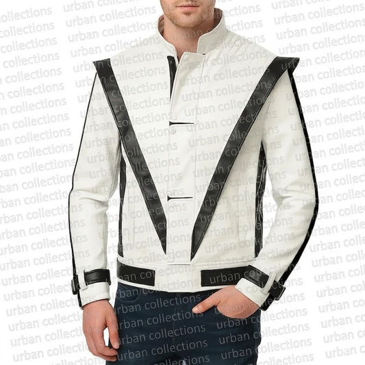 White jacket with black accents worn by a person on a white background with 'urban collections' text.