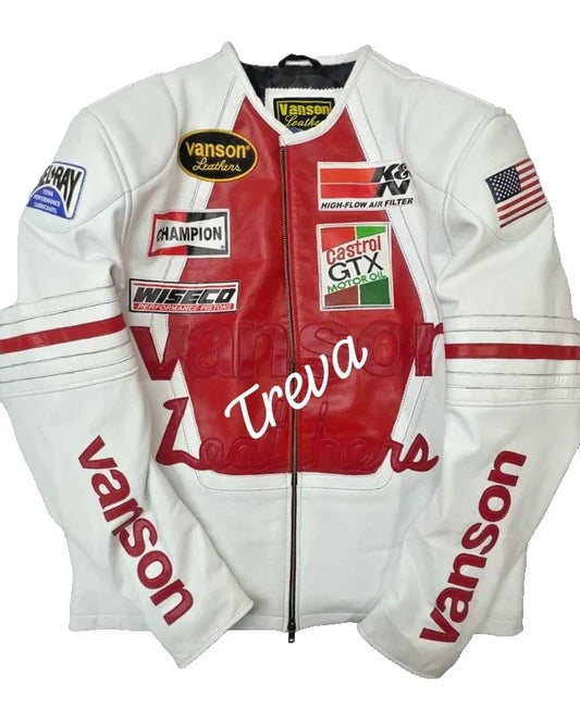 White motorcycle jacket with red and black accents featuring branding and graphics.