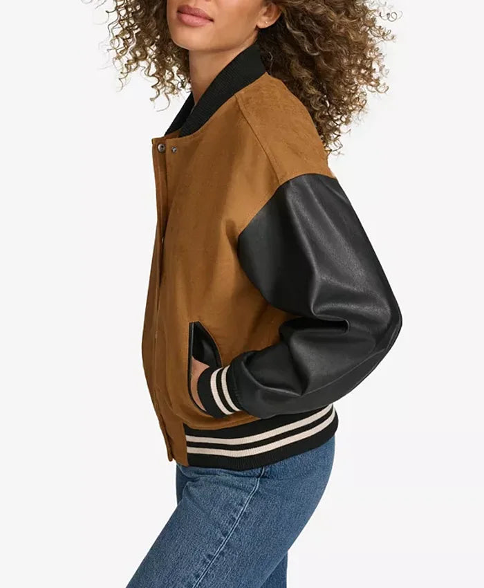 Women’s Brown Varsity Bomber Jacket With Leather Sleeves