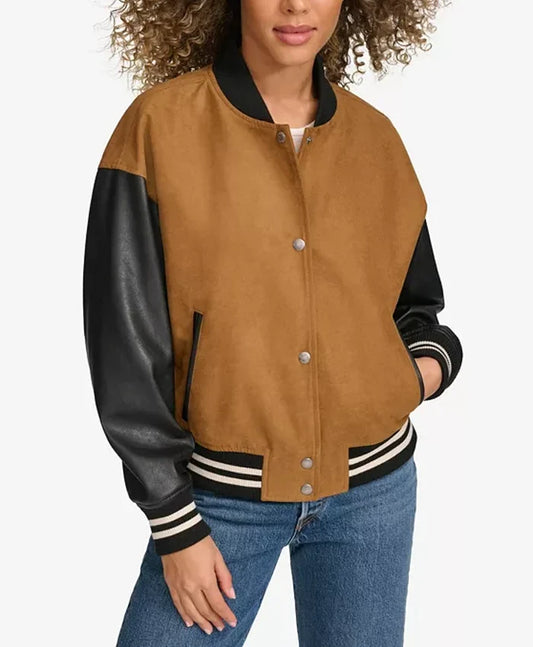 Women’s Brown Varsity Bomber Jacket With Leather Sleeves