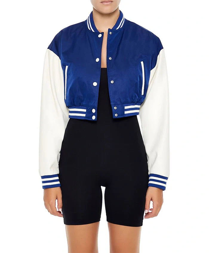 Women’s Cropped Blue Lettermen Varsity Jacket - Recreated Inspired Edition