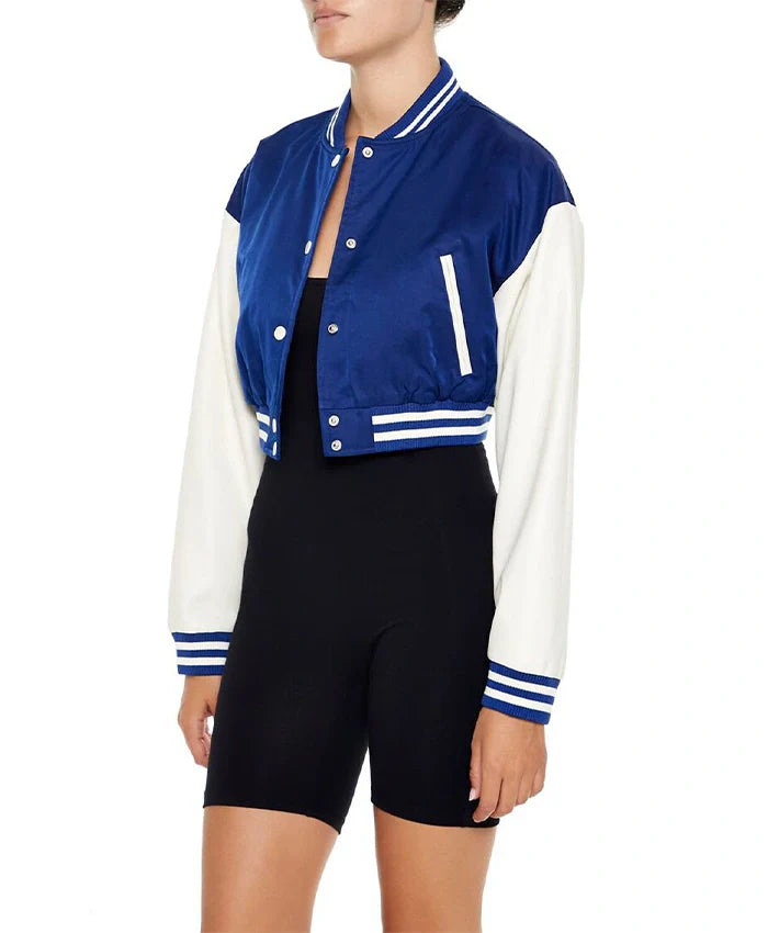 Women’s Cropped Blue Lettermen Varsity Jacket - Recreated Inspired Edition