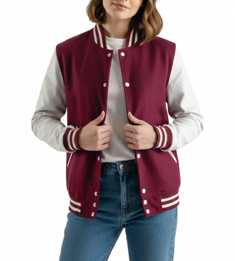 Women’s Burgundy Wool / White Leather Varsity Jacket