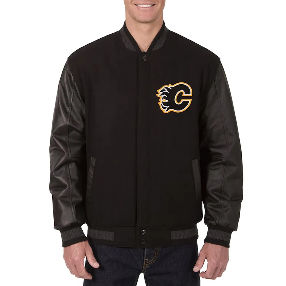 Calgary Flames One Color Black Wool & Leather Varsity Jacket