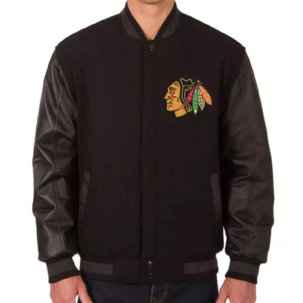 Chicago Blackhawks One Color Black Wool & Leather Varsity Jacket