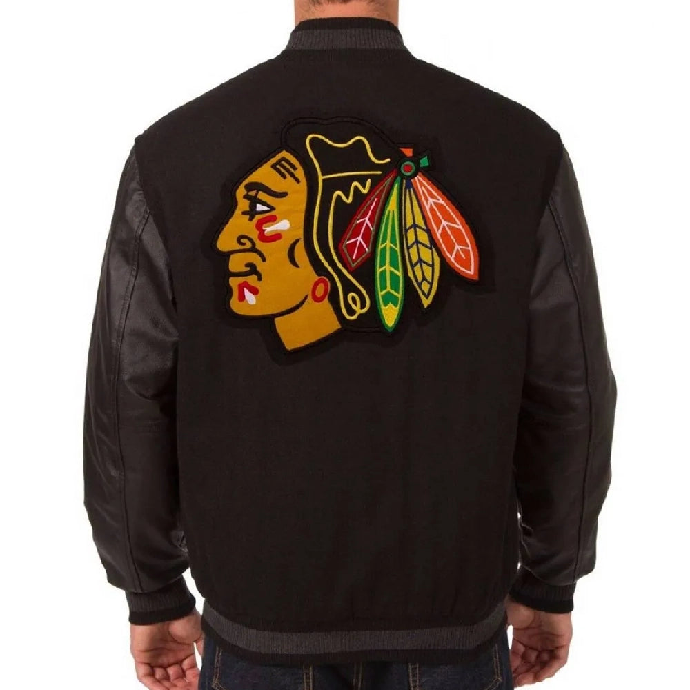 Chicago Blackhawks One Color Black Wool & Leather Varsity Jacket