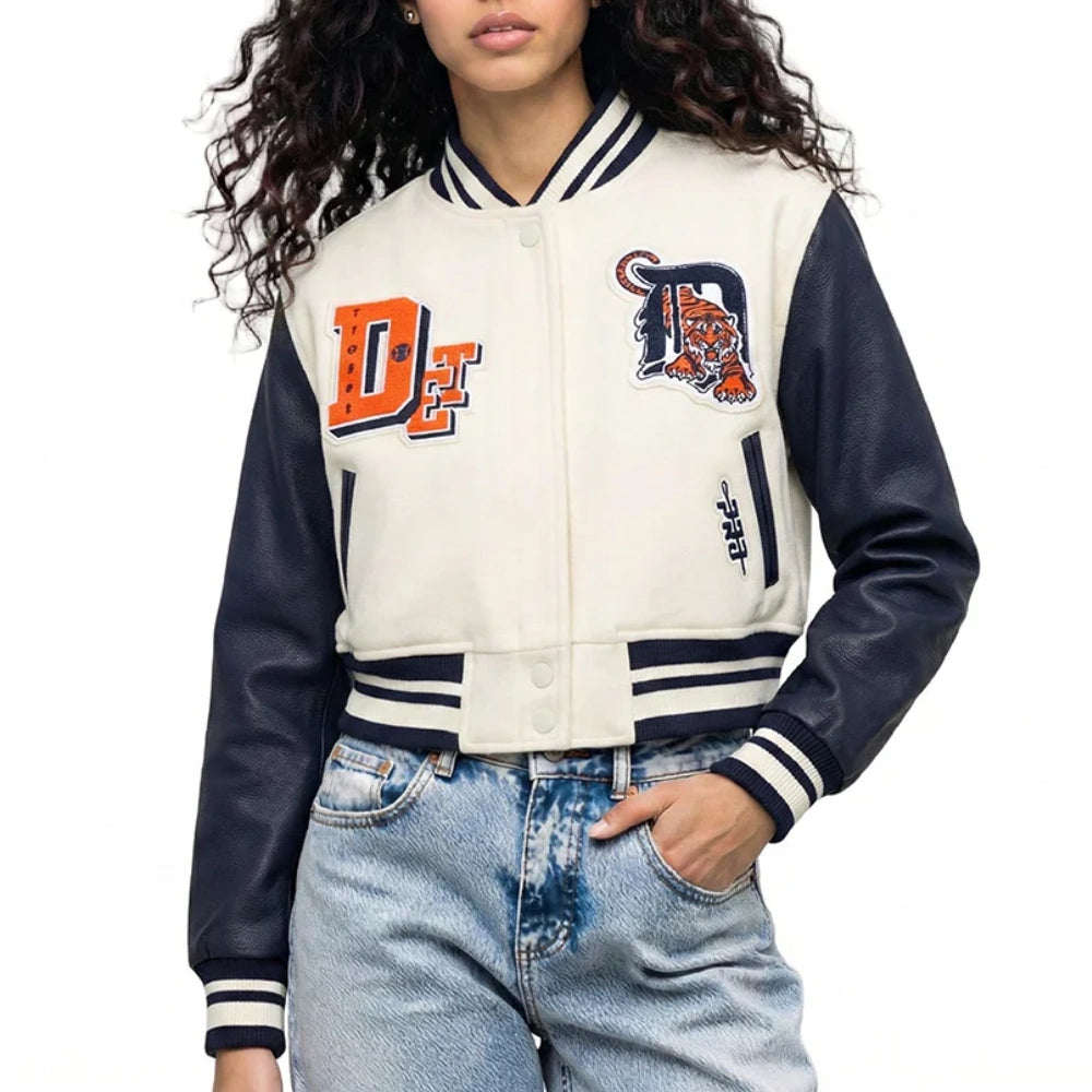 Detroit Tigers Cropped Best Of Women’s Cream/Navy Varsity Jacket