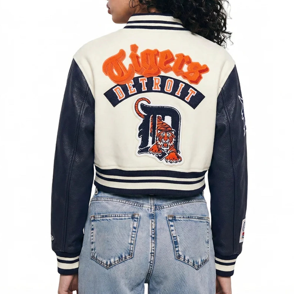 Detroit Tigers Cropped Best Of Women’s Cream/Navy Varsity Jacket