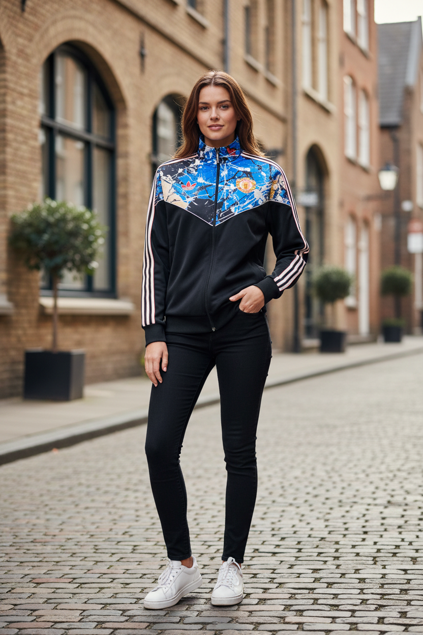 Female model wearing Man United x Adidas Stone Roses Jacket